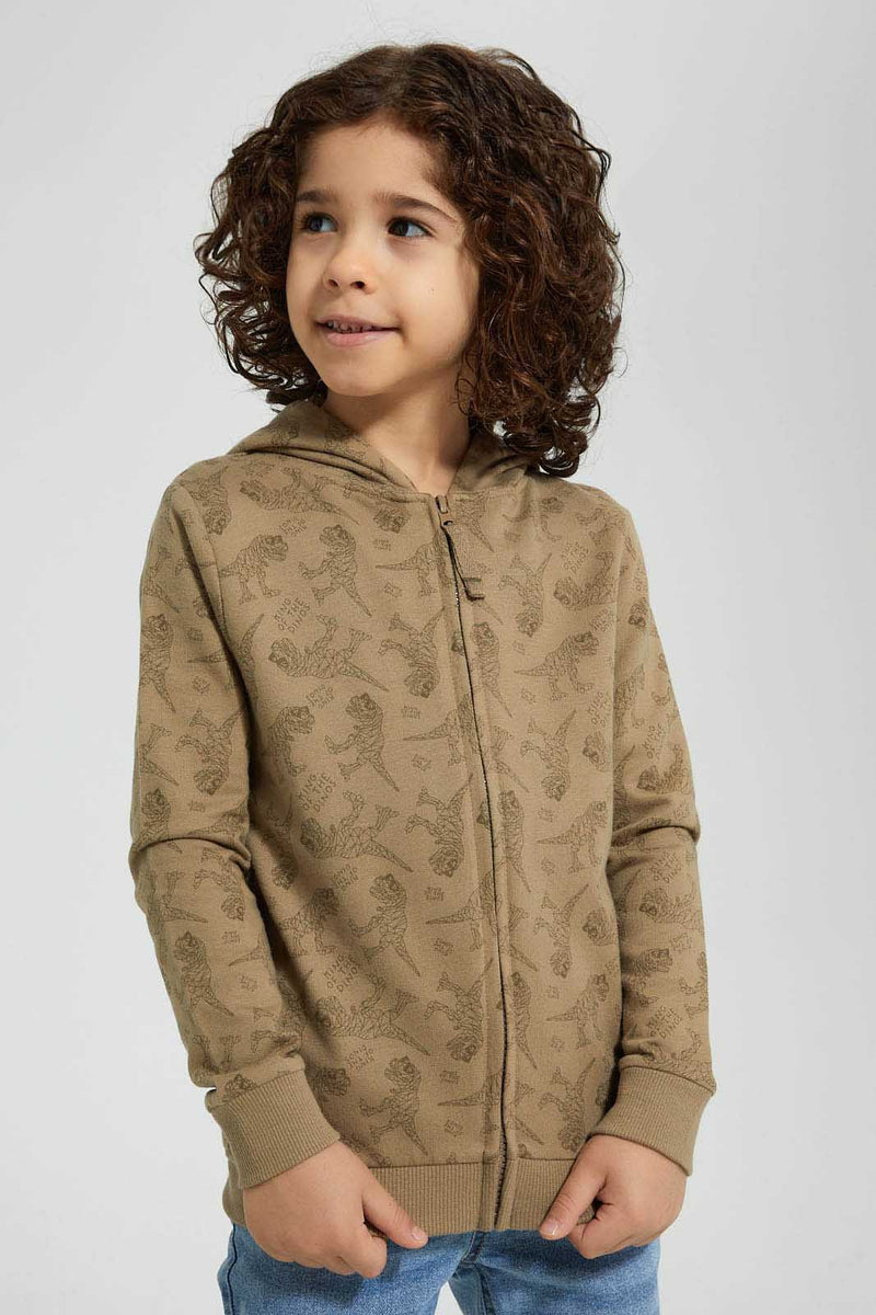 Redtag-Brown-Dino-Print-Hooded-Zip-Through-Sweat-Sweatshirts-Boys-2 to 8 Years