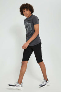 Redtag-Black-Pull-On-Short-Denim-Shorts-Senior-Boys-9 to 14 Years