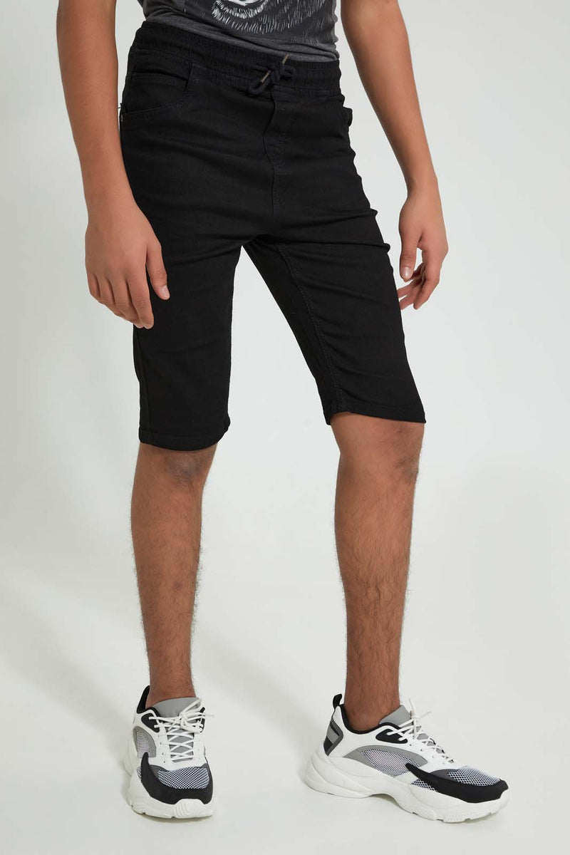 Redtag-Black-Pull-On-Short-Denim-Shorts-Senior-Boys-9 to 14 Years