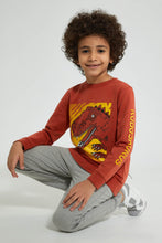 Load image into Gallery viewer, Redtag-Brown-Dino-Print-Crew-Neck-Sweatshirt-Sweatshirts-Boys-2 to 8 Years
