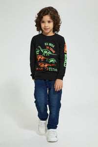 Redtag-Black-Dino-World-Print-Crew-Neck-Sweatshirt-Sweatshirts-Boys-2 to 8 Years