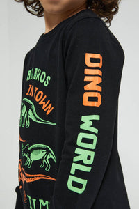 Redtag-Black-Dino-World-Print-Crew-Neck-Sweatshirt-Sweatshirts-Boys-2 to 8 Years