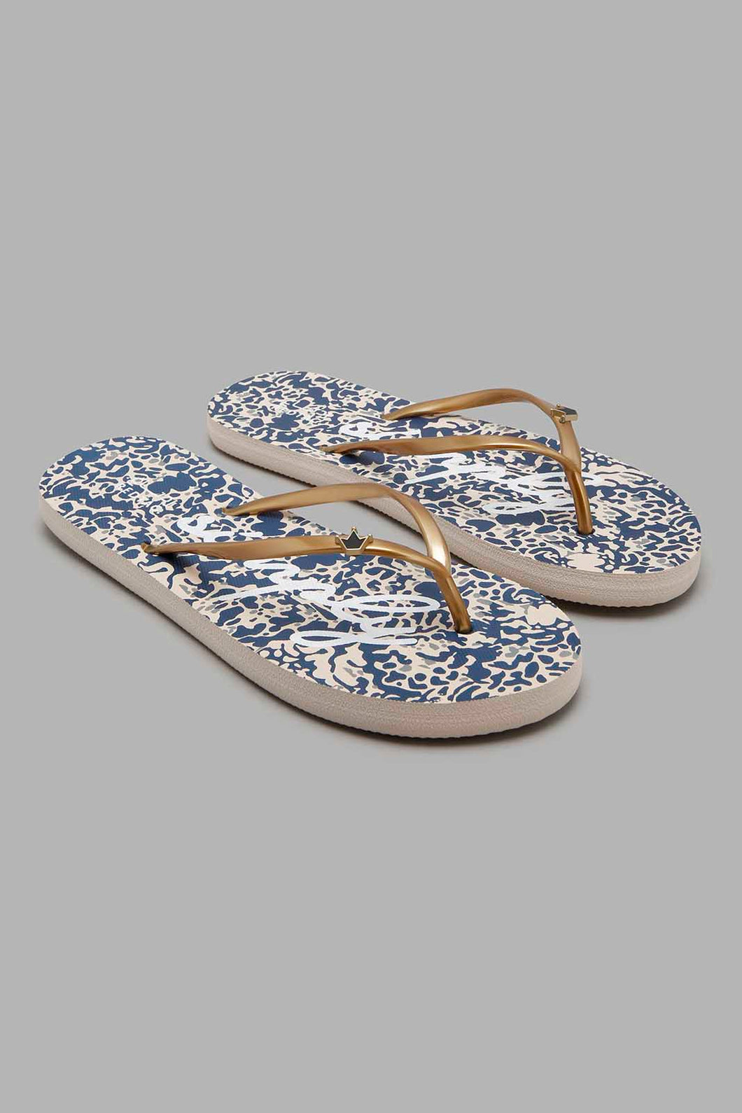 Redtag-Gold-Flip-Flop-With-Navy-Print-Sock-Character,-Colour:Gold,-Filter:Women's-Footwear,-New-In,-New-In-Women-FOO,-Non-Sale,-S22A,-Women-Flip-Flops-Women's-