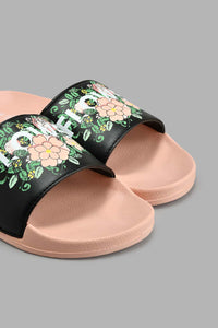 Redtag-Black-"Flower-Power"-Slide-Colour:Black,-Filter:Women's-Footwear,-New-In,-New-In-Women-FOO,-Non-Sale,-S22A,-Section:Women,-Women-Flip-Flops-Women's-