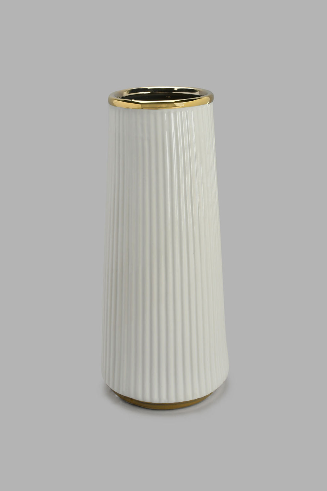 Redtag-White-Gold-Ribbed-Tall-Ceramic-Vase-Vase-Home-Decor-