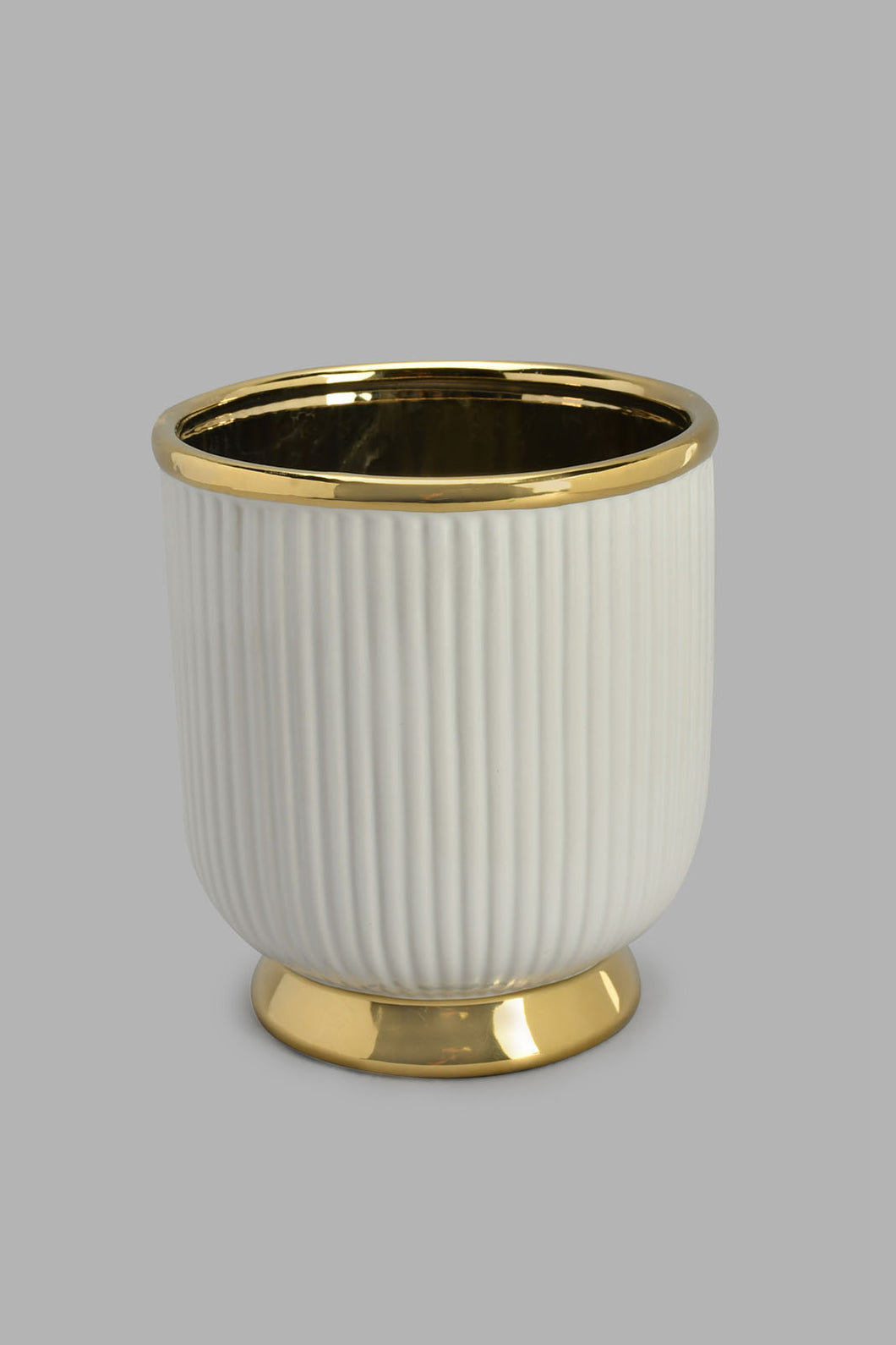 Redtag-White-Gold-Ribbed-Wide-Ceramic-Vase-Vase-Home-Decor-