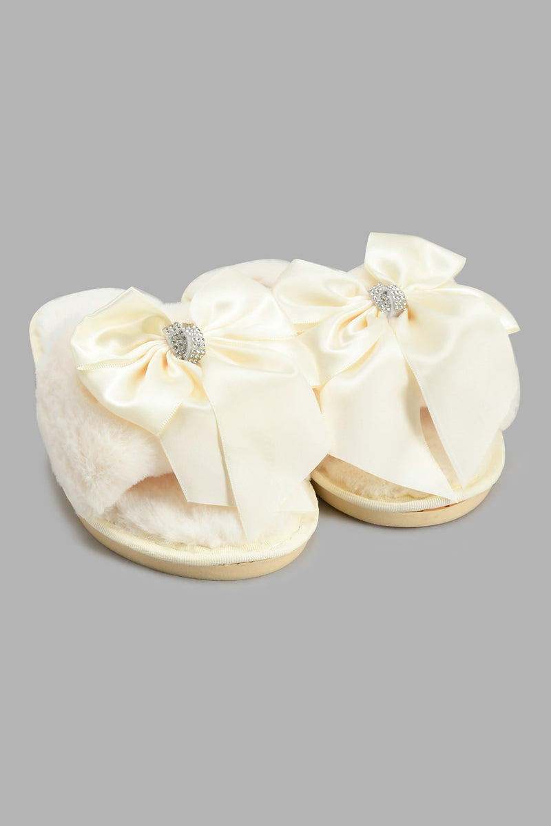 Redtag-White-Satin-Bow-Trim-Slipper-Slippers-Women's-