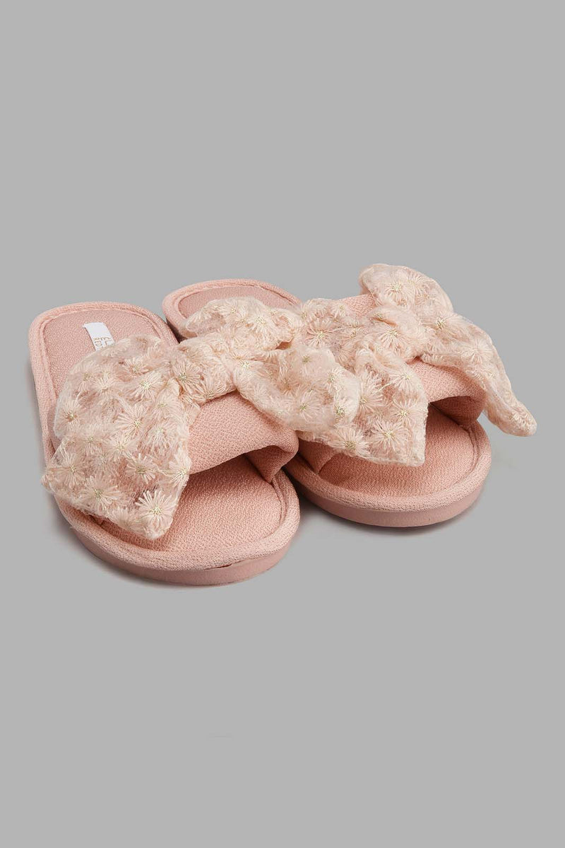 Redtag-Pink-Lace-Bow-Trim-Slipper-Slippers-Women's-