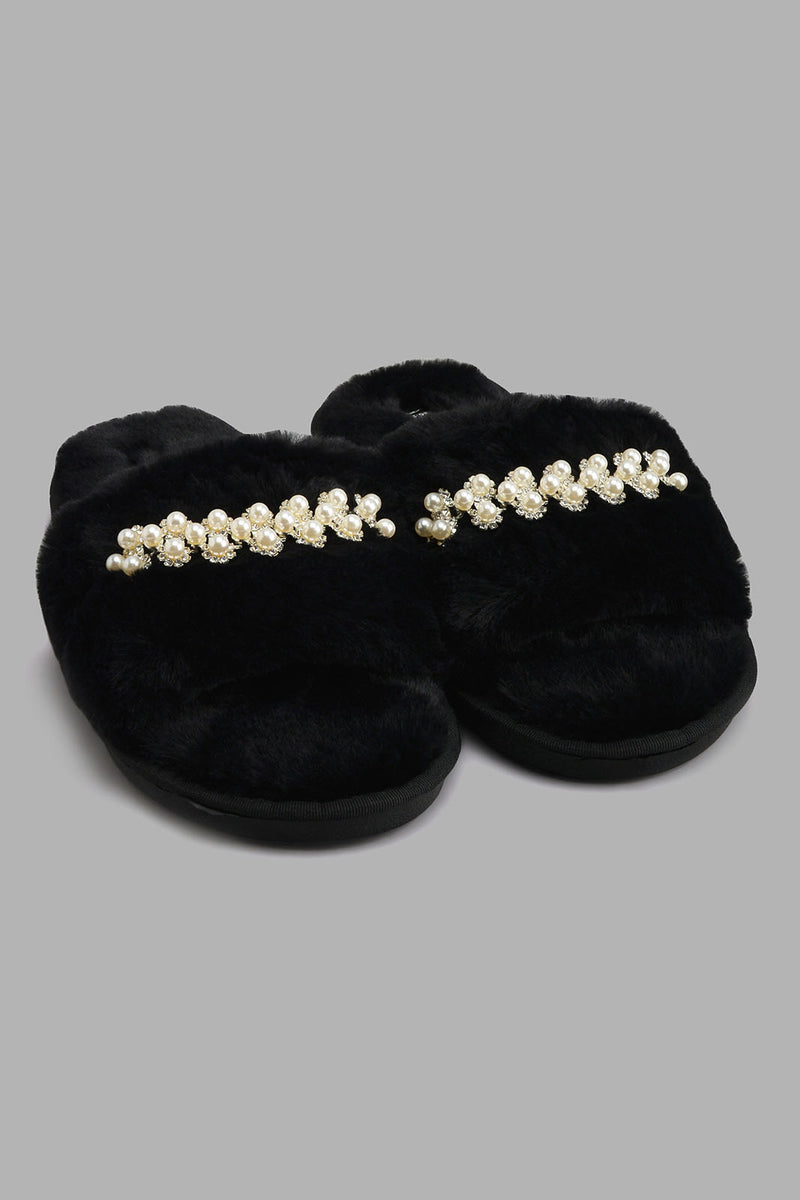 Redtag-Black-Pearl-Trim-Slipper-Slippers-Women's-