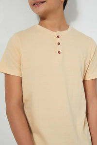 Redtag-Beige-Henley-T-Shirt-Plain-Senior-Boys-9 to 14 Years