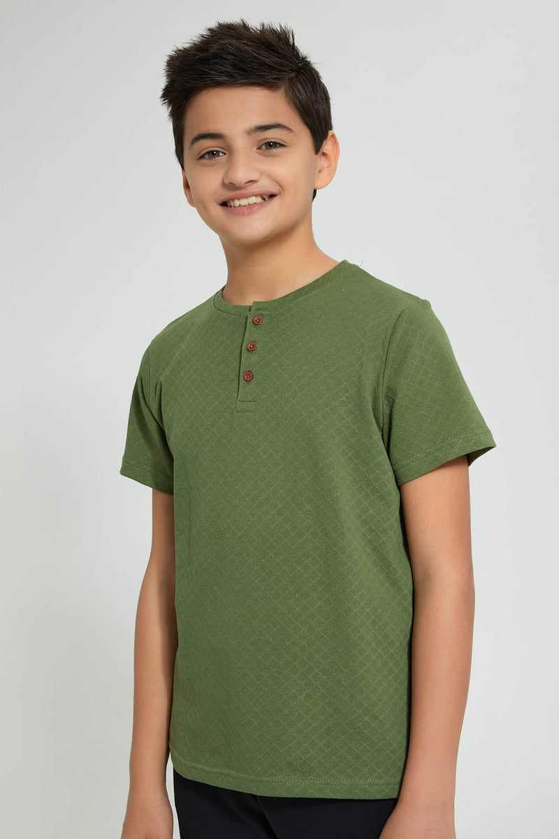 Redtag-Green-Henley-T-Shirt-Plain-Senior-Boys-9 to 14 Years