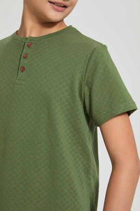 Redtag-Green-Henley-T-Shirt-Plain-Senior-Boys-9 to 14 Years