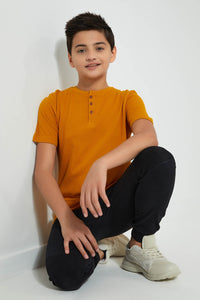 Redtag-Yellow-Henley-T-Shirt-Plain-Senior-Boys-9 to 14 Years