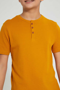 Redtag-Yellow-Henley-T-Shirt-Plain-Senior-Boys-9 to 14 Years