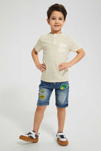 تنزيل الصورة على معرض الصور، Redtag-Mid-Wash-Five-Pocket-Badges-Knit-Denim-Short-Denim-Shorts-Boys-2 to 8 Years
