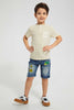 Redtag-Mid-Wash-Five-Pocket-Badges-Knit-Denim-Short-Denim-Shorts-Boys-2 to 8 Years