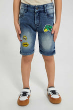 تنزيل الصورة على معرض الصور، Redtag-Mid-Wash-Five-Pocket-Badges-Knit-Denim-Short-Denim-Shorts-Boys-2 to 8 Years
