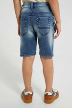 تنزيل الصورة على معرض الصور، Redtag-Mid-Wash-Five-Pocket-Badges-Knit-Denim-Short-Denim-Shorts-Boys-2 to 8 Years
