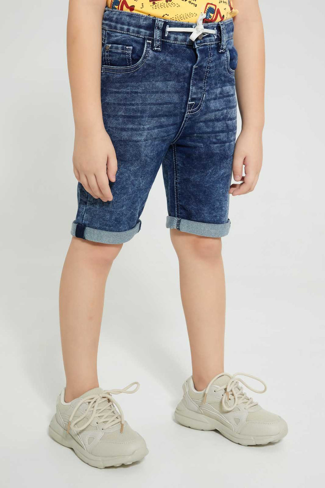 Redtag-Dark-Wash-Knit-Denim-5-Pocket-Short-With-Cord-Denim-Shorts-Boys-2 to 8 Years