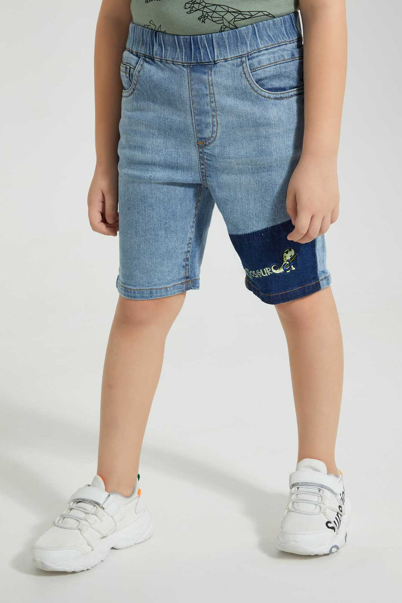 Redtag-Light-Wash-Short-With-Contrast-Wash-Panel-And-Embroidery-Denim-Shorts-Boys-2 to 8 Years