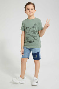 Redtag-Light-Wash-Short-With-Contrast-Wash-Panel-And-Embroidery-Denim-Shorts-Boys-2 to 8 Years