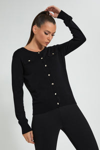 Redtag-Black-Cardigan-With-Gold-Buttons-Celebrity-Pullovers,-Colour:Black,-Filter:Women's-Clothing,-New-In,-New-In-LDC,-Non-Sale,-S22A,-Section:Women,-TBL-Women's-