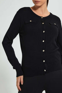 Redtag-Black-Cardigan-With-Gold-Buttons-Celebrity-Pullovers,-Colour:Black,-Filter:Women's-Clothing,-New-In,-New-In-LDC,-Non-Sale,-S22A,-Section:Women,-TBL-Women's-