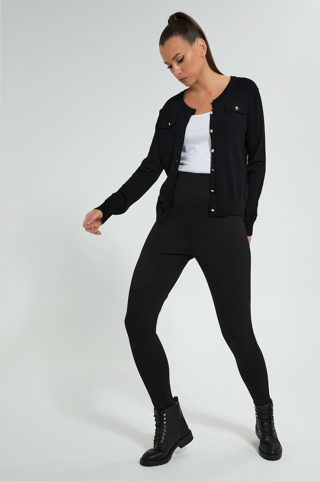 Redtag-Black-Cardigan-With-Gold-Buttons-Celebrity-Pullovers,-Colour:Black,-Filter:Women's-Clothing,-New-In,-New-In-LDC,-Non-Sale,-S22A,-Section:Women,-TBL-Women's-