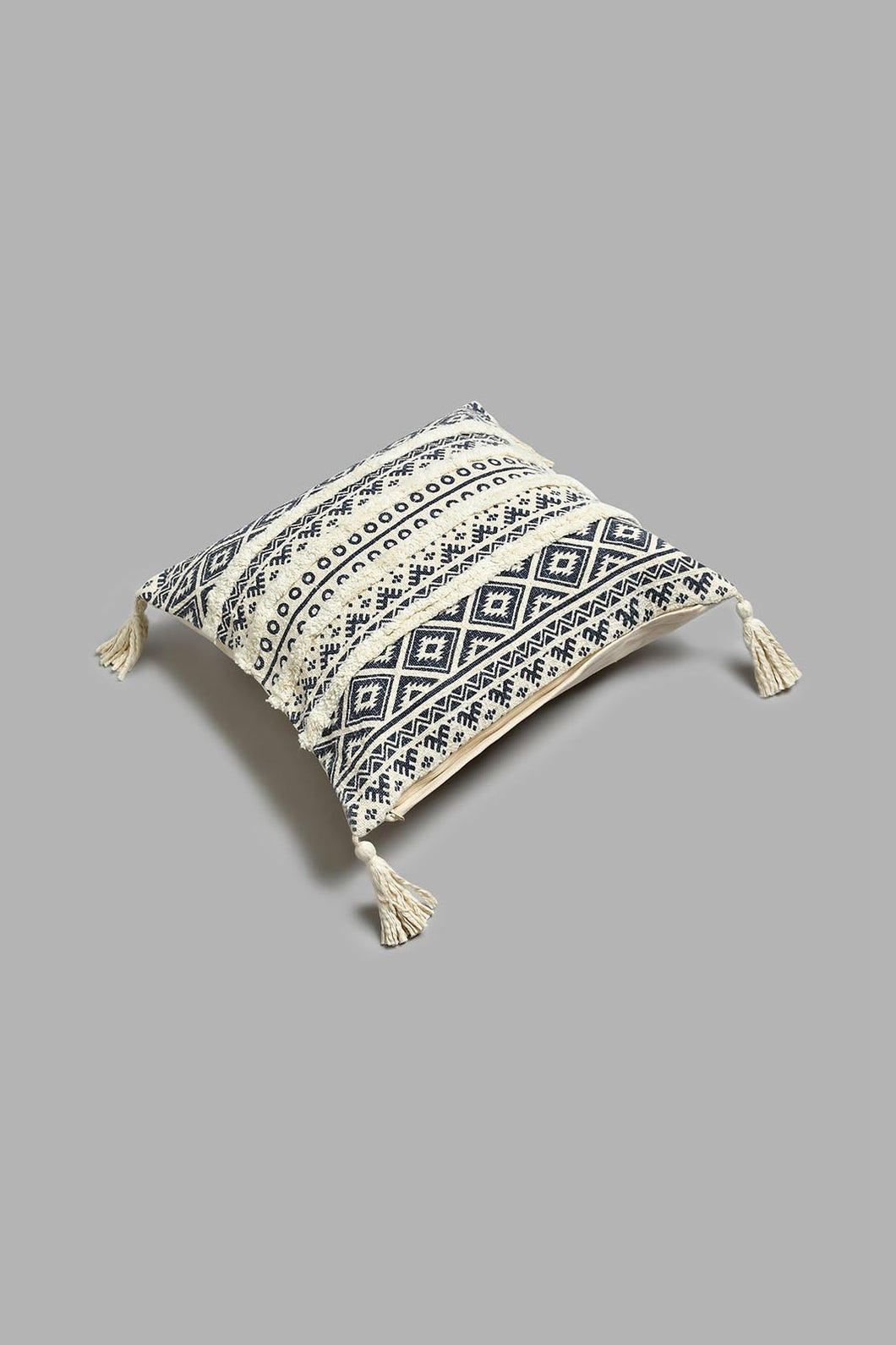 Redtag-Beige/Blue-Textured-Tufted-Cushion-With-Fringes-BED-PHANTASMAGORIA-2,-Colour:Blue,-Filter:Home-Bedroom,-HMW-BED-Cushions,-New-In,-New-In-HMW-BED,-Non-Sale,-S22A,-Section:Homewares-Home-Bedroom-