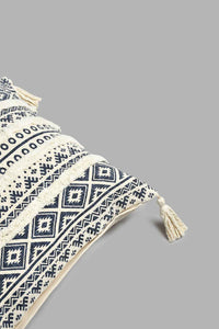Redtag-Beige/Blue-Textured-Tufted-Cushion-With-Fringes-BED-PHANTASMAGORIA-2,-Colour:Blue,-Filter:Home-Bedroom,-HMW-BED-Cushions,-New-In,-New-In-HMW-BED,-Non-Sale,-S22A,-Section:Homewares-Home-Bedroom-