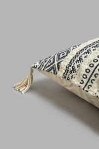 Redtag-Beige/Blue-Textured-Tufted-Cushion-With-Fringes-BED-PHANTASMAGORIA-2,-Colour:Blue,-Filter:Home-Bedroom,-HMW-BED-Cushions,-New-In,-New-In-HMW-BED,-Non-Sale,-S22A,-Section:Homewares-Home-Bedroom-