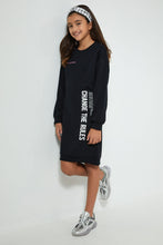 تنزيل الصورة على معرض الصور، Redtag-Black-Slogan-Sweatshirt-Dress-Dresses-Senior-Girls-9 to 14 Years
