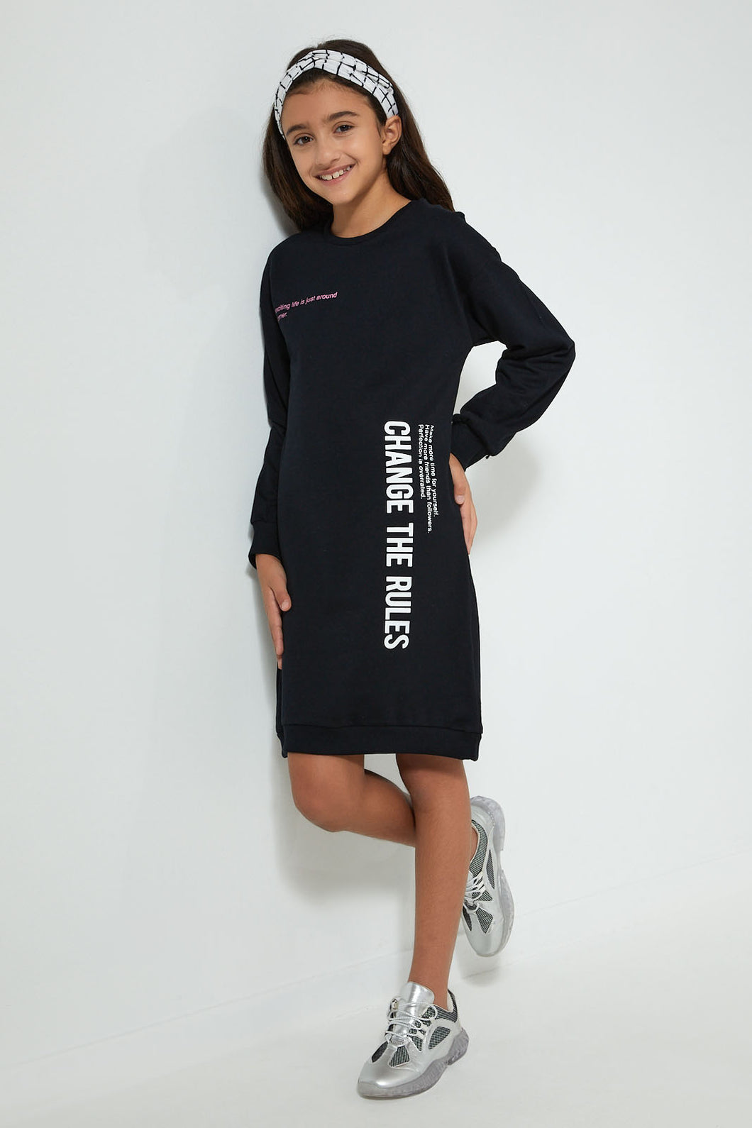 Redtag-Black-Slogan-Sweatshirt-Dress-Dresses-Senior-Girls-9 to 14 Years