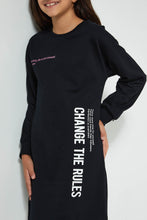 تنزيل الصورة على معرض الصور، Redtag-Black-Slogan-Sweatshirt-Dress-Dresses-Senior-Girls-9 to 14 Years
