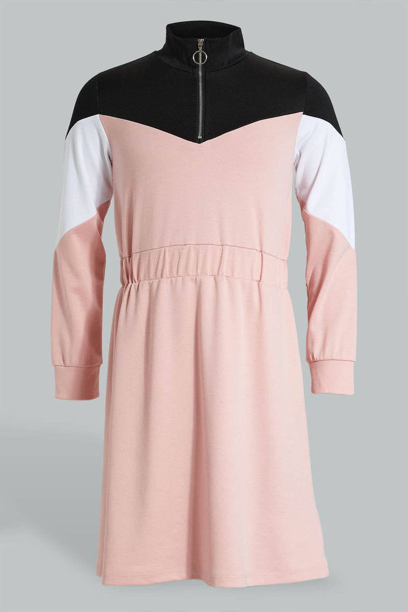 Redtag-Pink/Black/White-Ponte-Colorblocking-Dress-Dresses-Senior-Girls-9 to 14 Years