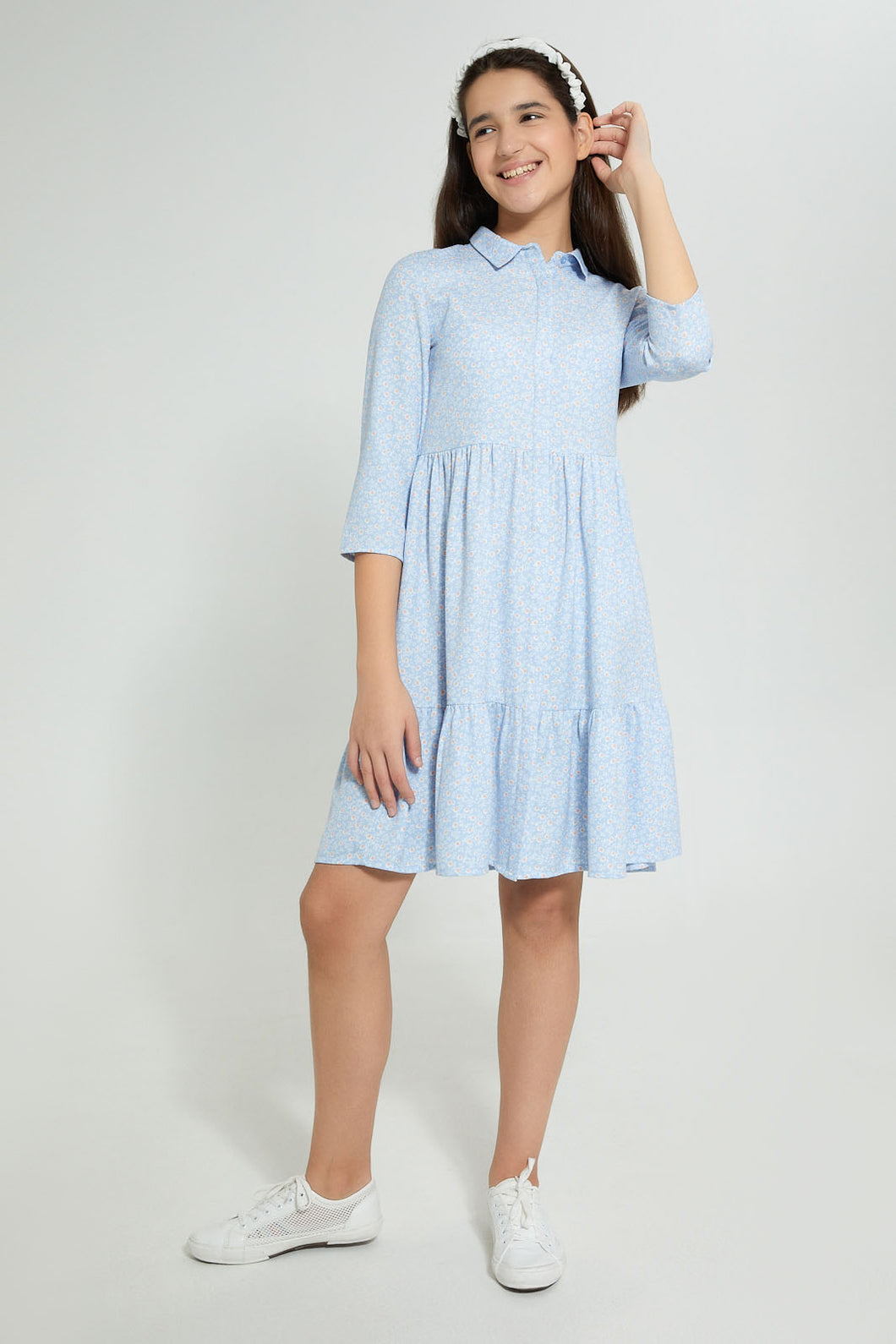 Redtag-Lt-Blue-Ditsy-Print-Shirt-Dress-Dresses-Senior-Girls-9 to 14 Years