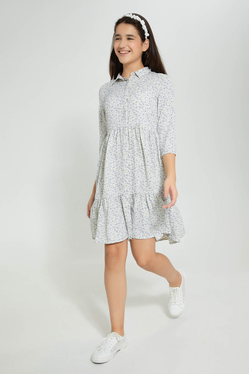 Redtag-White/Purple-Ditsy-Print-Shirt-Dress-Dresses-Senior-Girls-9 to 14 Years