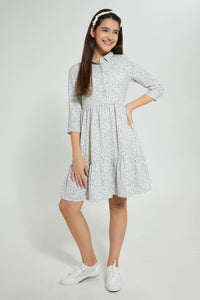 Redtag-White/Purple-Ditsy-Print-Shirt-Dress-Dresses-Senior-Girls-9 to 14 Years