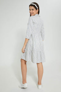 Redtag-White/Purple-Ditsy-Print-Shirt-Dress-Dresses-Senior-Girls-9 to 14 Years