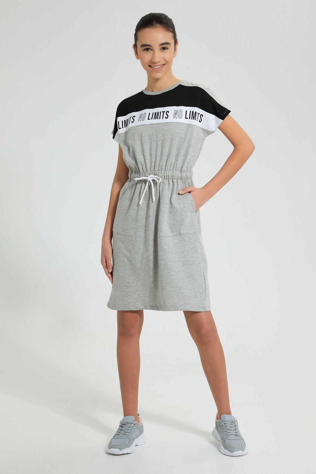 Redtag-Grey/White/Black-Sporty-Colorblocking-Knitted-Dress-Dresses-Senior-Girls-9 to 14 Years