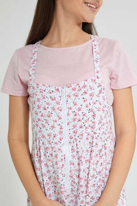 Redtag-Pink-Floral-Ditsy-Print-Dungarees-Dresses-Senior-Girls-9 to 14 Years