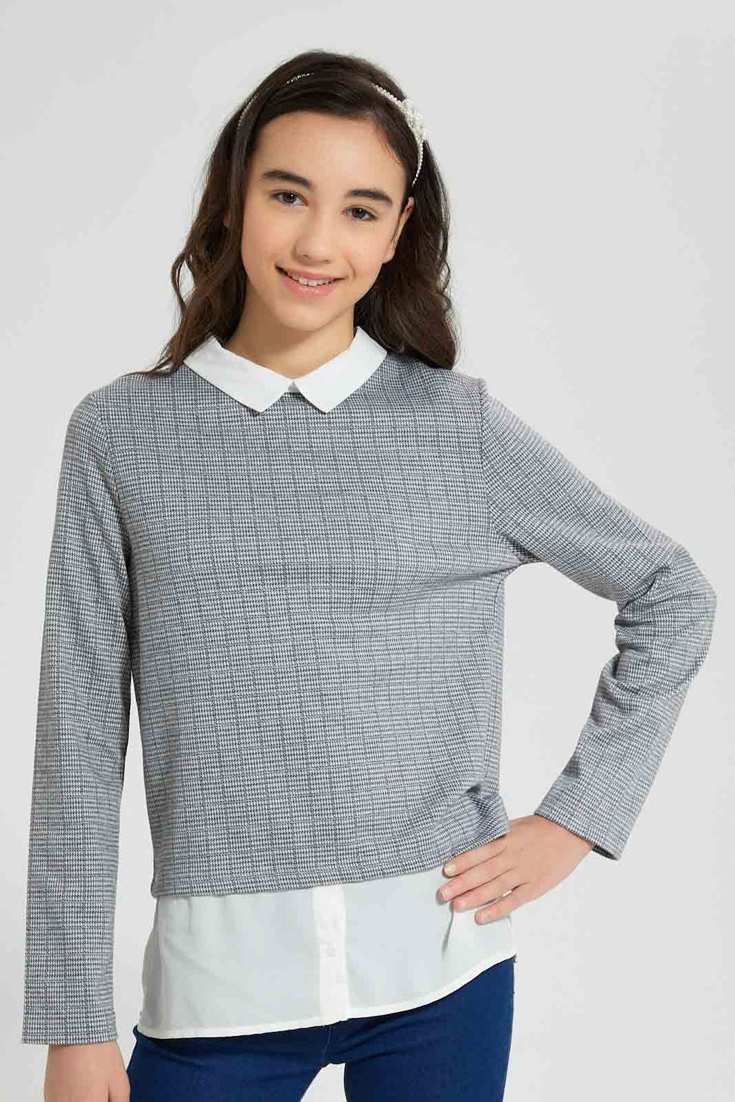 Redtag-Grey-Collared-Embroideredellished-Jacquard-Mock-Shirt-Blouses-Senior-Girls-9 to 14 Years