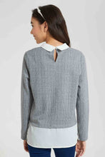 Load image into Gallery viewer, Redtag-Grey-Collared-Embroideredellished-Jacquard-Mock-Shirt-Blouses-Senior-Girls-9 to 14 Years
