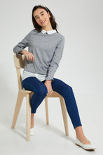 Load image into Gallery viewer, Redtag-Grey-Collared-Embroideredellished-Jacquard-Mock-Shirt-Blouses-Senior-Girls-9 to 14 Years
