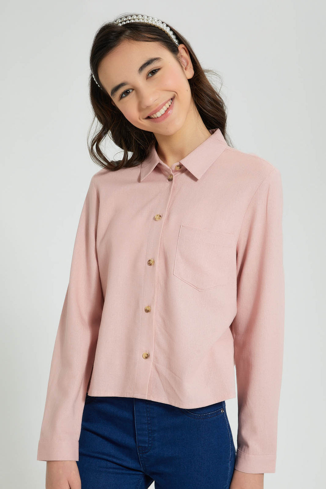 Redtag-Pink-Twill-Crop-Shirt-Blouses-Senior-Girls-9 to 14 Years
