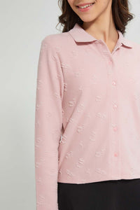 Redtag-Pink-Collared-Buttton-Front-Jacquard-Top-Blouses-Senior-Girls-9 to 14 Years