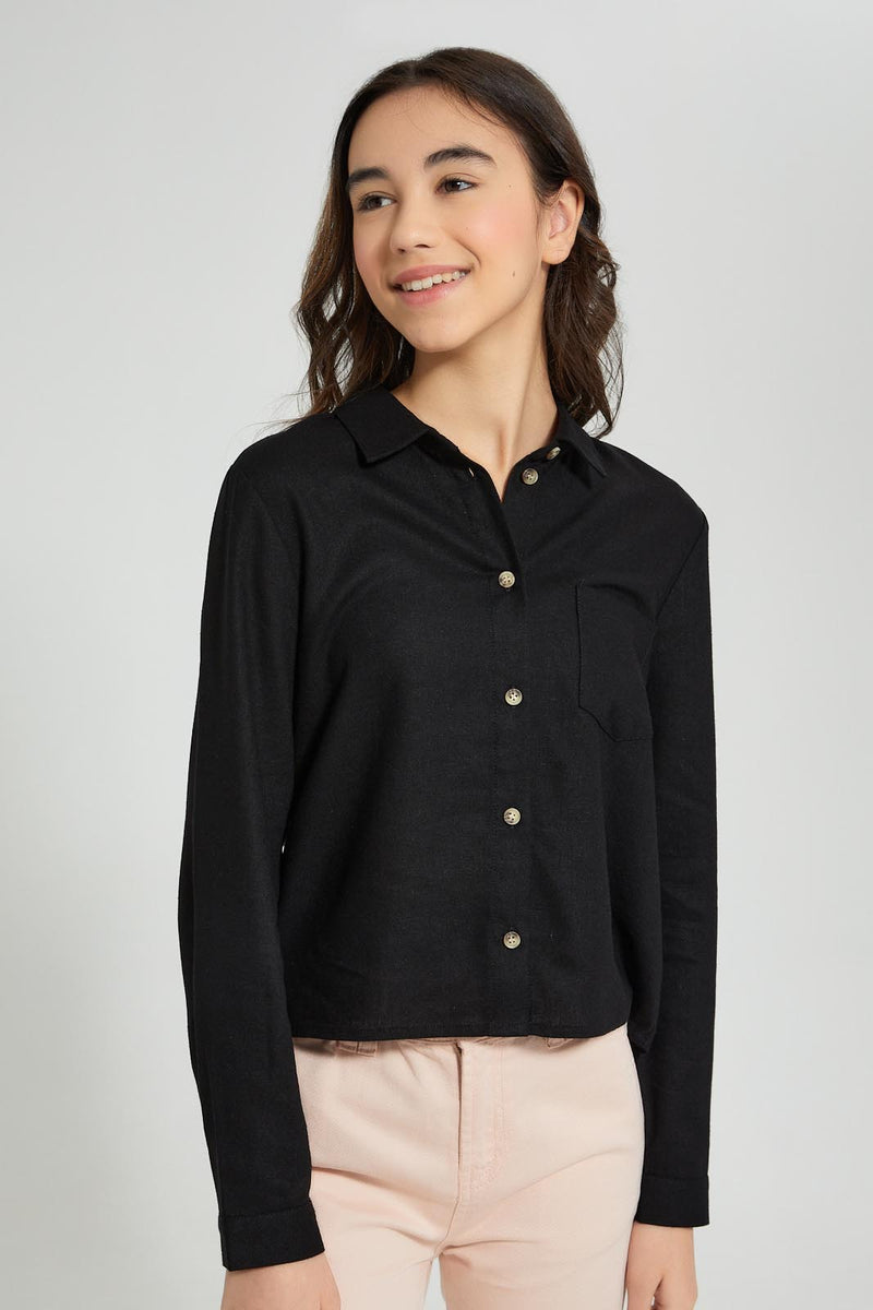 Redtag-Black-Twill-Crop-Shirt-Blouses-Senior-Girls-9 to 14 Years