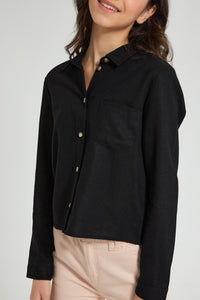 Redtag-Black-Twill-Crop-Shirt-Blouses-Senior-Girls-9 to 14 Years