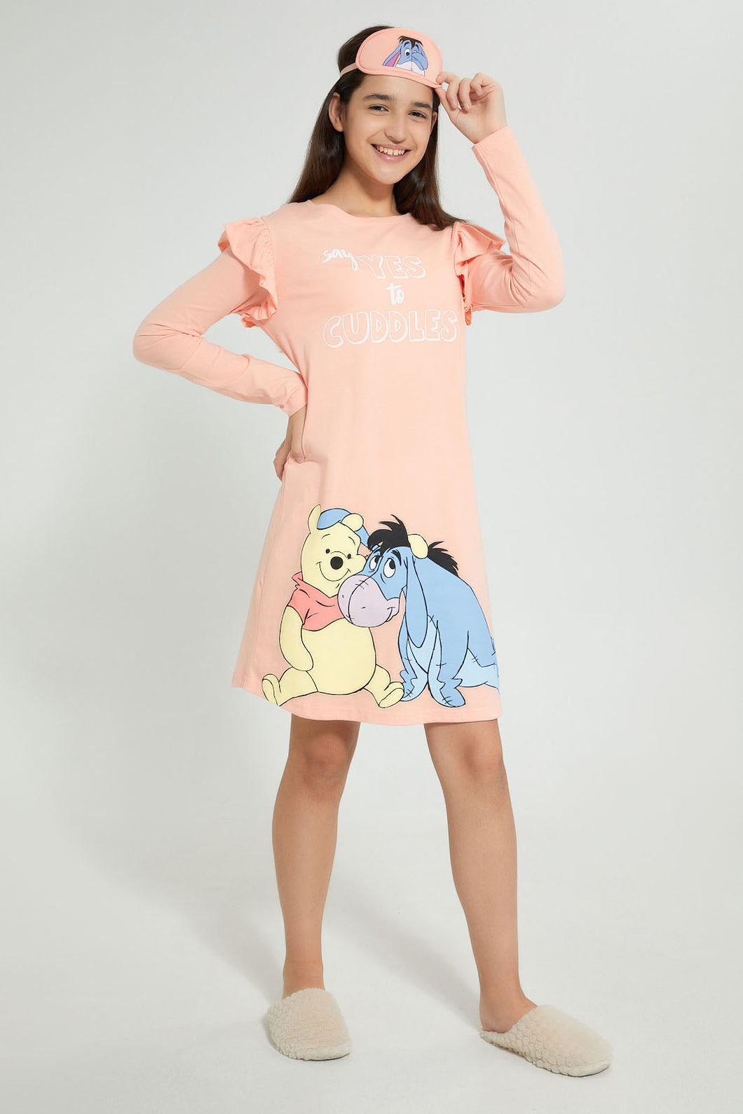 Redtag-Pink-Winne-The-Pooh-Night-Dress-With-Eye-Mask-Nightshirts-Senior-Girls-9 to 14 Years