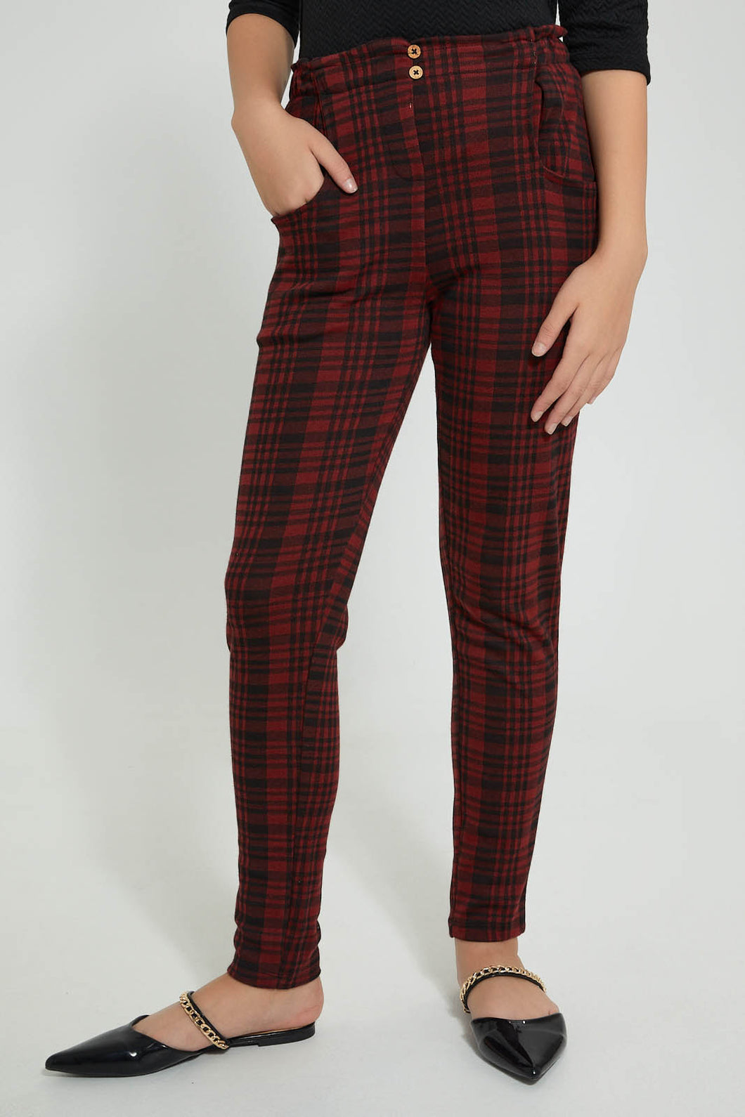 Redtag-Red/Black-Plaid-Trouser-Cargo-Pants-Senior-Girls-9 to 14 Years